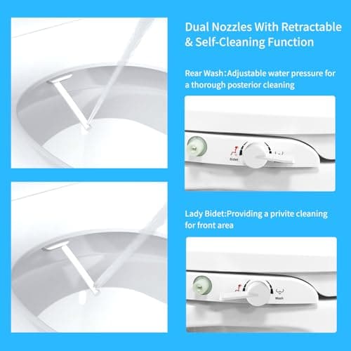Non-Electric Toilet Bidet Seat, Elongated Seats with Adjustable Water and Dual Nozzle System for Bathroom, Easy Installation, White Bidets Attachment 6