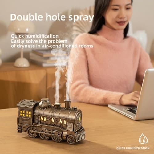 300ml Train Essential Oil Diffuser, 2 Color LED Vintage steam Christmas Train Aromatherapy Diffuser, 2 Dual Mist Modes Train Cool Mist Air Desktop Aroma Humidifier, 2/8 Hour Timer Auto Shut-Off 6