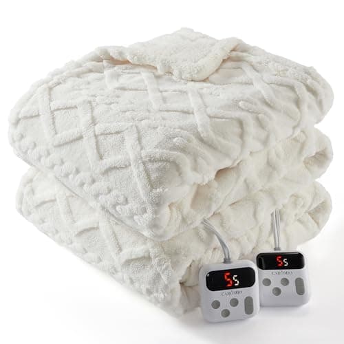 CAROMIO Electric Blanket Queen Size Dual Control - Thick Tufted Sherpa Heated Blanket Queen with 10 Heating Levels and 10 Time Settings, ETL Certified Fast Heating Blanket Queen Size 84"×90", White