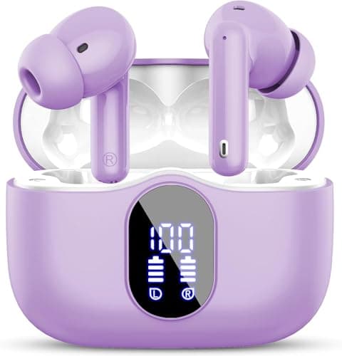 Btootos Wireless Earbuds Bluetooth 5.4 Headphones Bass Stereo Ear Buds with Noise Cancelling Mic LED Display in Ear Earphones IP7 Waterproof 36H Playtime for Laptop Pad Phones Sports Workout Purple