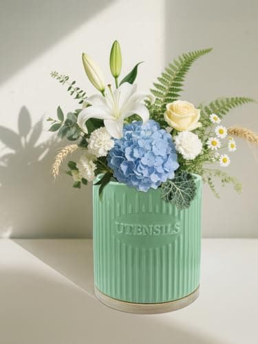 QINSDESIGNS 360° Rotating Utensil Holder, 7.6" Large Ceramic Kitchen Utensil Holder for Countertop with Bamboo Base, Stable Utensil Organizer, Farmhouse kitchen Decor, Green 6