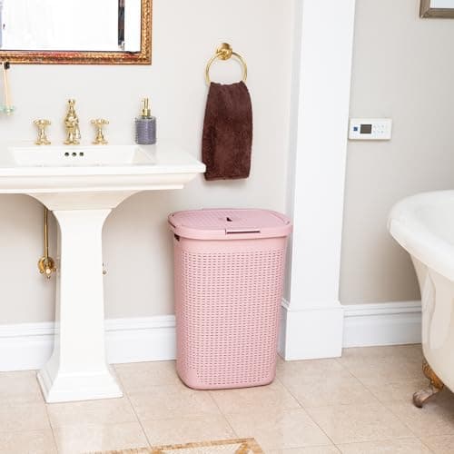 Mind Reader Slim Laundry Hamper with Lid, 60L Tall Clothes Basket, Narrow Tapered Design for Bathrooms, Closets and Laundry Rooms, Plastic, Pink 6