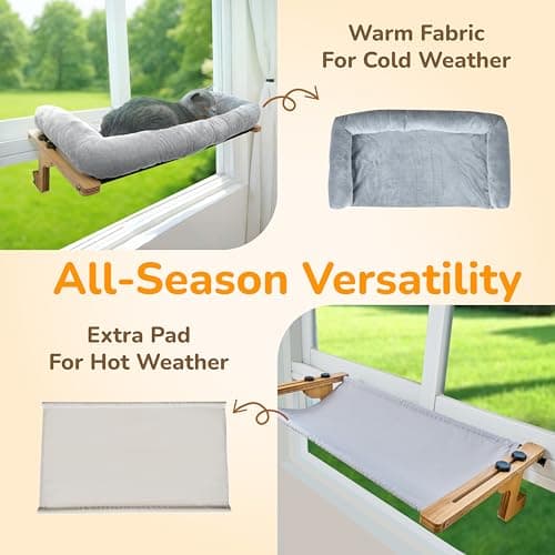 [Ready to Gift] PURRHOUSE Cat Window Perch with Cushion Bolster and Cool Pad, Cat Hammocks for Windows with Wood & Robust Metal Frame for Large Cats, Beds for Windowsill, Bedside and Cabinet,24''W 6