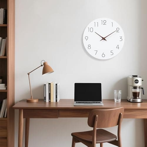 Mosewa Wall Clock Battery Operated 8 Inch White Silent Non Ticking Simple Minimalist Wooden Decorative for Kitchen Bathroom Bedroom Living Room Office 8