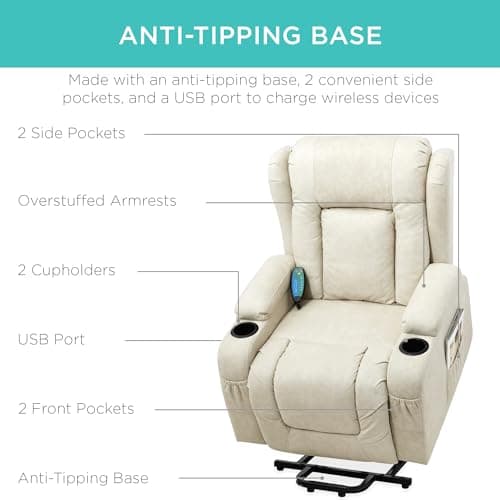 Best Choice Products PU Leather Electric Power Lift Chair, Recliner Massage Chair, Adjustable Furniture for Back, Legs w/ 3 Positions, USB Port, Heat, Cupholders, Easy-to-Reach Side Button - Beige 6