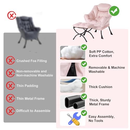 Furlide Lazy Chair with Ottoman, Modern Chair with Folding Footrest, Velvet Pink Accent Chair, Comfortable Reading Chair, Oversized Armchairs for Bedroom, Study, Living Room, Courtyard 9