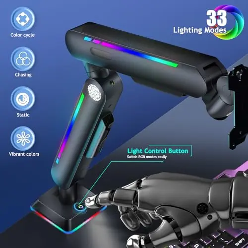 Heavy Duty Single Monitor Mount with RGB Light, Height Adjustable Arm for 17'32' Screens up to 19.8 lbs, VESA Mount with Clamp and Grommet Base, Black 2