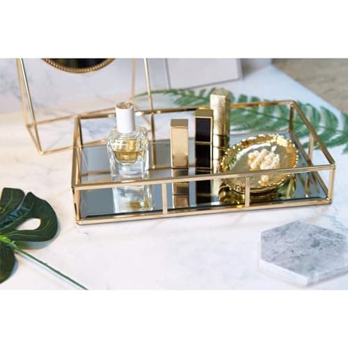 PuTwo Tray Mirror, Gold Dresser Ornate Tray Metal Decorative Tray Jewelry Perfume Organizer Makeup Tray for Vanity, Dresser, Bathroom, Bedroom 2