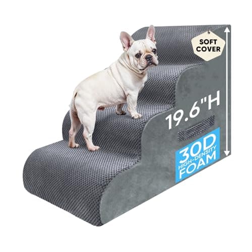 PAWSCART Pet Stairs for Dogs 4-Step, 19.6" H Pet Stairs for High Bed, Couch Sofa & Chair, 30D Material Soft Foam Dog Steps with Non-Slip Bottom Surface Removable Washable Cover, Grey