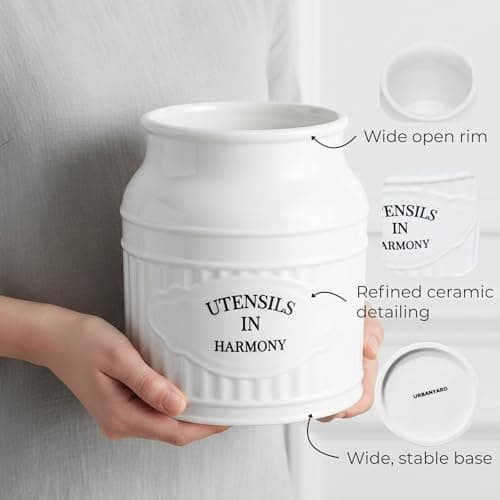 URBANYARD Ceramic Utensil Holder, 6.9" Large White Utensil Crock for Kitchen Countertop, Farmhouse Rustic Ceramic Kitchen Organizer for Cooking Tools and Utensils 5