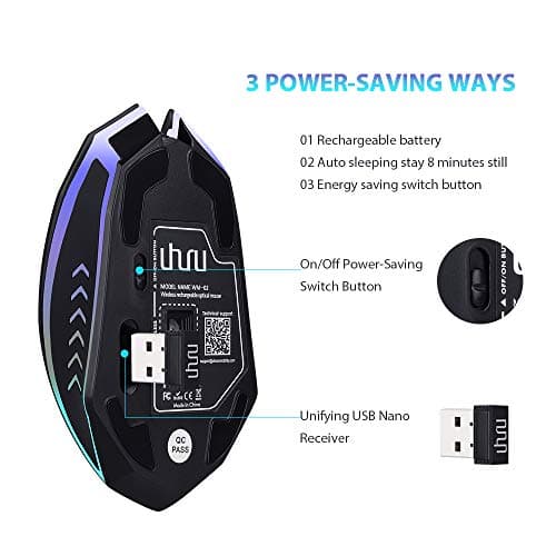 UHURU Wireless Gaming Mouse Rechargeable, Up to 10000DPI, 6 Programmable Buttons, 7 Color Changeable, 2.4G USB LED RGB Wireless Mouse for Computer, PC, Laptop, MacBook, MMO, Gaming 5