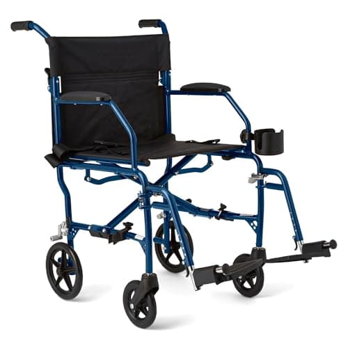 Medline Ultra Lightweight Transport Wheelchair for Adults and Elderly, Foldable, 19-Inch Seat Width, Blue Frame, Black Upholstery, 300 lb Capacity