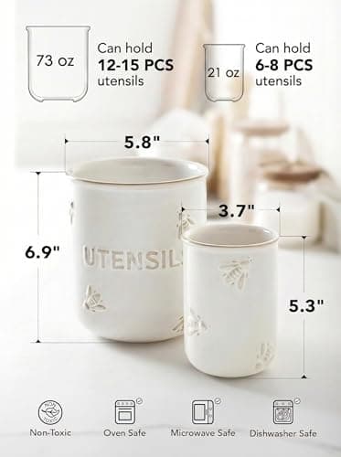 LE TAUCI Utensil Holder for Kitchen Counter - 6.9"+5.3" Ceramic Kitchen Utensil Holder Set of 2, Large Cooking Utensil Crock & Organizer for Spatula, Spoon - Embossed Kitchen Decor, White,Bee 5
