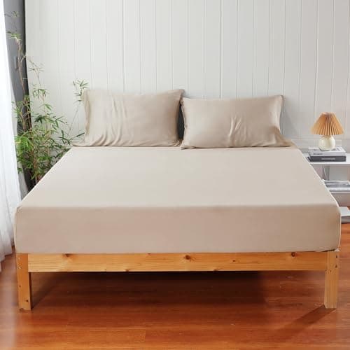 100% Viscose Derived from Bamboo Fitted Sheet with 16" Deep Pocket, Hotel Luxury Silky Bedding, Ultra Soft, Cooling for Hot Sleepers(Beige Queen)