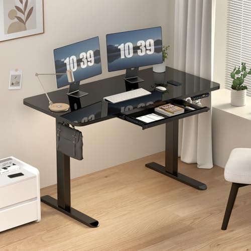 AIMEZO 48 x 24 Inches Electric Standing Desk with Drawers, Adjustable Height, Tempered Glass Top, 4 Preset Heights, Ergonomic Sit-Stand Desk for Home Office, Black