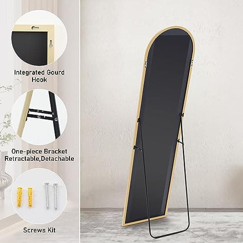 Sweetcrispy Arched Full Length 59"x16" Full Body Floor Mirror Standing Hanging or Leaning Wall, Arch Wall Mirror with Stand Aluminum Alloy Thin Frame for Bedroom Cloakroom, Gold 5