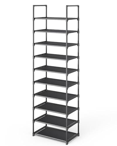 Kitsure Shoe Rack - 10-Tier Shoe Organizer with Detachable Fabric Shelves & Metal Frame, Tall Shoe Rack for Closet, Entrance, Living Room, 16.9" Wide - 10 Tier, Black