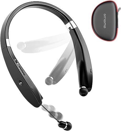 AMORNO Foldable Bluetooth Headphones Wireless Neckband Headset with Retractable Earbuds, Sports Sweatproof Noise Cancelling Stereo Earphones with Mic