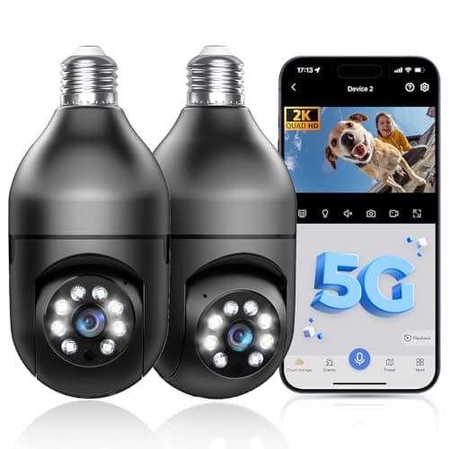 Light Bulb Security Camera 5G/2.4GHz WiFi 2K Lightbulb Security Cameras Wireless Outdoor, 360 Screw in Sight Bulb Motion Detection Siren Alarm Light Socket Camera 2-Way Audio Color Night Vision