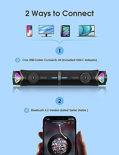 NOOTRY Computer Speakers, Bluetooth Computer Sound Bar, Dual HiFi Stereo & Gradient RGB Lighting Laptop Soundbar, USB Powered Speakers for Desktop, Monitors, Phone, PC, Laptop(Include C Adapter) 6
