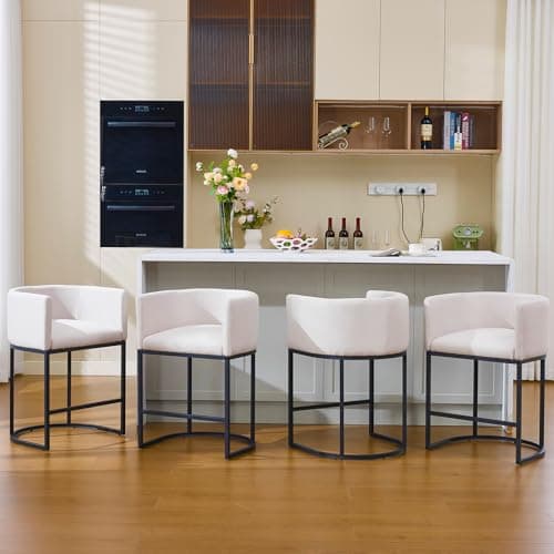 Canxkun Counter Height Bar Stools Set of 4, 25" Modern Barstools with Backrest, Barrel Counter Stools with Metal Frames, Linen Fabric Upholstered Bar Stool for Kitchen Island, Pub (Beige)
