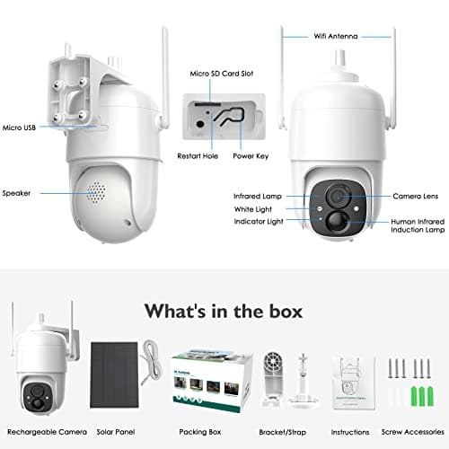 Allweviee Security Cameras Wireless Outdoor, 2K 3MP Pan Tilt 355° View IP65 Waterproof Rechargeable Battery Powered PTZ WiFi Solar Camera with PIR, Color Night Vision,2-Way Talk,Cloud/SD 9