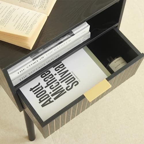 MaxSmeo Black Nightstand with Drawer, Mid Century Modern Bedside Table with Open Shelf Storage, End Table with Solid Wood Legs, Black 6