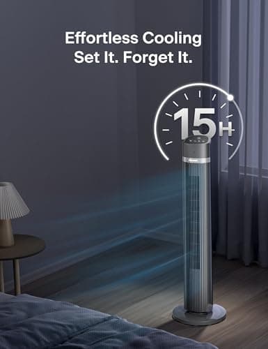 PELONIS 40-inch Bladeless Tower Fan for Bedroom, Standing Fan with Remote Control, 26ft/s, 90° Oscillation, 3 Speed Settings, 27 dB, 3 Modes, 15-Hour Timer, LED Display, Fan that Blows Cold Air, Black 6