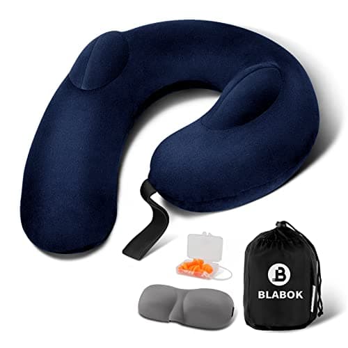 Patented Design Inflatable Travel Neck Pillow – Airplane Neck Pillow with 360° Head & Neck Support, Soft Washable Velvet Cover, Compact Neck Support Pillow for Airplane,Train,Car,Office & Home (Blue)