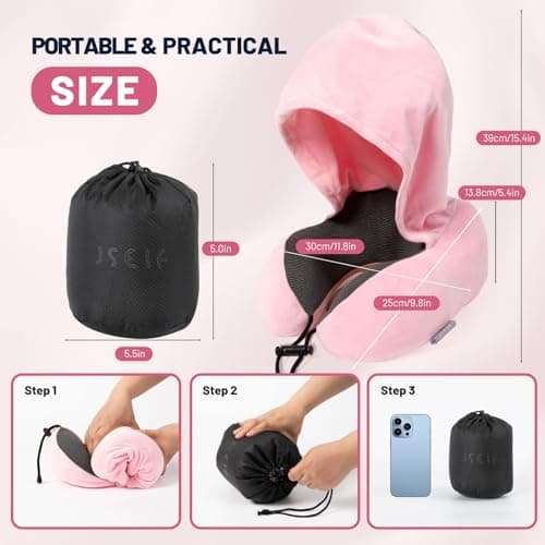 JSELF Travel Pillow with Hood, Neck Pillow for Airplane, Hooded Neck Pillow for Travel, Long Flight, Car, Plane, Office, Sleeping, 100% Pure Memory Foam Head Chin Support Airplane Pillow - Pink 6