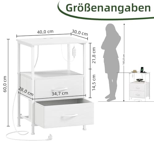Somdot White Nightstand with Charging Station and LED Light for Bedroom, 2 Drawers Dresser with Fabric Bins for Bedside Kids Dorm Room Closet Laundry Entryway, White Leather 3
