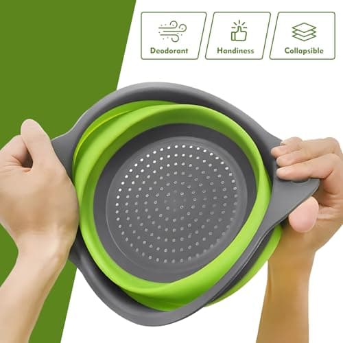 Silicone Colander Collapsible Strainers Set for Kitchen- 3 Pack (3Qt, 4Qt,5Qt) -Over Home Draining Basket, Food Vegetables & Fruits-Dishwasher Safe, BPA Free Space Saving Design (Green,Blue,Red) 5