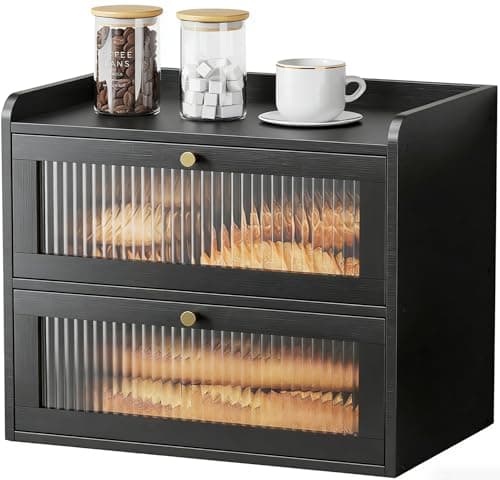 Kitsure Bread Box - 2-Tier Bamboo Bread Box for Kitchen Countertop, Bread Storage Container with Magnetic Acrylic Door, Pantry Organizers and Storage for Loaves, 15" x 9.8" x 13.2", Black