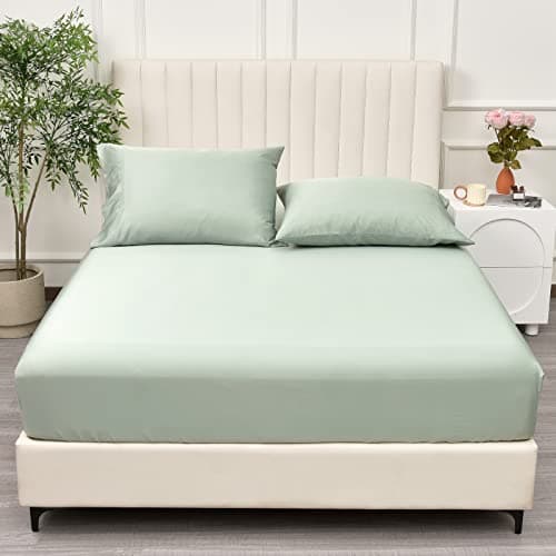PHF 100% Rayon Derived from Bamboo Cooling Fitted Sheet King Size for Hot Sleeper, 16" Deep Pocket, 2.5cm Wider Strong Elastic Easy Fit, Breathable Silky Soft, 78"x 80",Sage Green, No Pillowcases