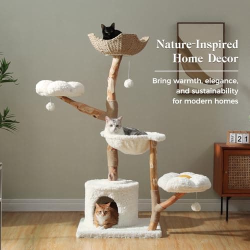 PAWZ Road Cat Tree for Indoor Cats Large Adults, 59 Inches Modern Cat Tower with Large Basket and Hammock, Natural Solid Wood, Luxury Condo & Dual Perches, Modern Cat Furniture for Big Cats, White 7