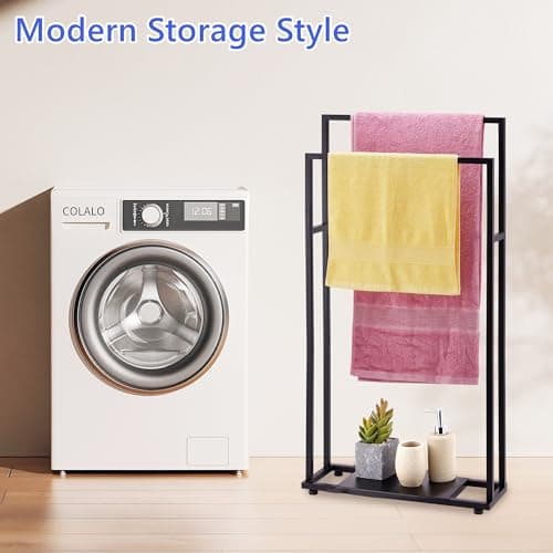 Towel Racks for Bathroom, 39'' Tall 2 Tier Bathroom Towel Stand with Storage Shelves, Modern Standing Pool Drying Rack for Outdoor, Black, ALHAKIN 8