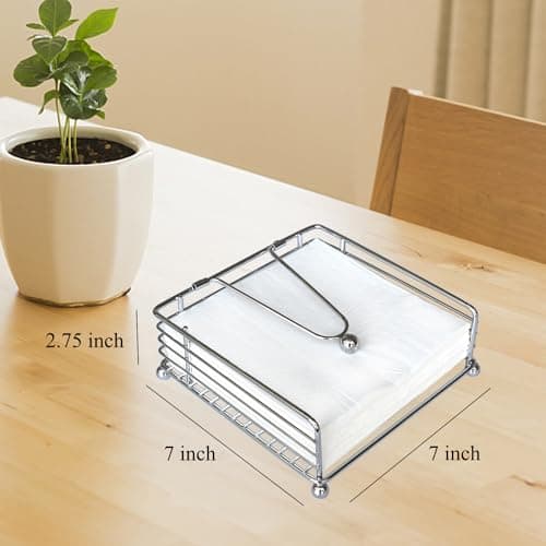 hiwafifi Napkin Holder for Table, Flat Napkin Dispenser with Weighted Arm, Square Cocktail Paper Holder of Elegant Rustic Iron for Kitchen Dining Room Decor Restaurant Farmhouse Hotel Party, Silver 6