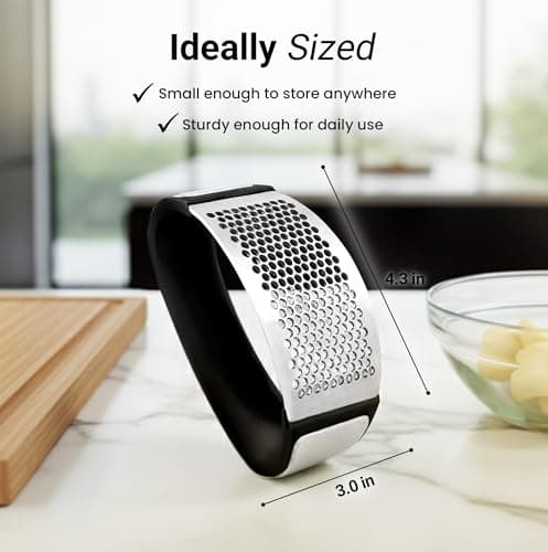 Zulay Kitchen Stainless Steel Garlic Press Rocker Set - Premium Garlic Mincer Garlic Crusher - New Innovative Garlic Crusher with Peeler and Scraper - Comfortable Grip (Black) 7