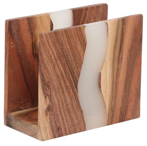 LAVAUK Acacia wood & Transparent Epoxy resin Napkin holder for table, Rustic farmhouse napkin organisation for kitchen, dining, counter tops, restaurant or outdoors | 6x5x2.5 inches|(Cloudy White)