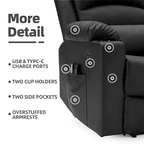 WILLOVE Power Lift Recliner Chair for Elderly, Heat and Massage Chair Recliner, Electric Power Recliner with Cupholder, Extended Footrest, USB & Type C Ports, FauxLeather Black 8