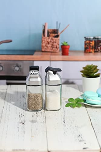 J&M DESIGN Glass Salt and Pepper Shakers Set with Moisture Free Plastic Flip Lid for Kitchen Countertop or Travel Spice Seasoning Use - Set Of 2 Refillable Bottle Dispenser Container Shaker 6