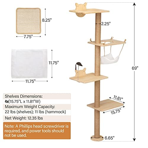 Cozivvovv Wall Mounted Scratching Post, 4-Tier Cat Climbing Tower, Cat Activity Tree with Hammock, Sisal Scratcher Mat and Cat Mouse Toy for Indoor Use, Medium and Large Cats, Natural Wood 6