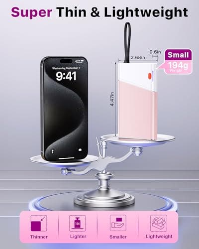 Aaoyun Portable Charger Power Bank, 10000mAh 22.5W PD Fast Charging Powerbank with Built-in USB C Cable, Slim External Phone Battery Pack for iPhone 17/16/15 Samsung S24 Android etc (Pink) 5