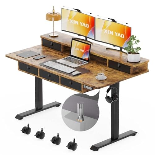 XINYAO Electric Standing Desk with 5 Drawers, 55x30 Inch Extra Wide Height Adjustable Sit Stand Up Desk with Storage Support 290lbs Ergonomic Rising Table with Wheels for Home Office