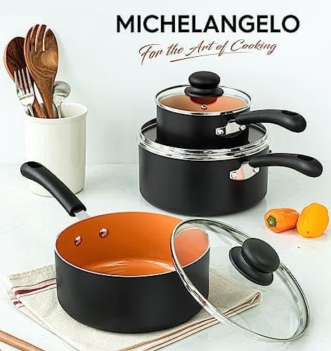 MICHELANGELO Nonstick Sauce Pan with Lid 1QT, 2QT & 3QT, Ceramic Saucepan Set, Copper Sauce pans, Non-Toxic Saucepan, Multipurpose Cooking Pots Set For Home Kitchen, Compatible induction 7