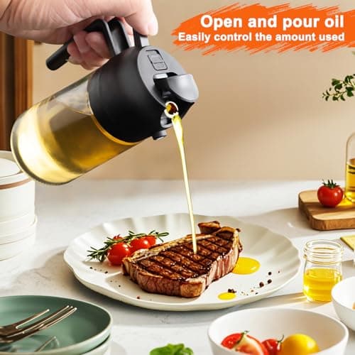2 in 1 Glass Oil Sprayer & Dispenser,16oz/470ml Olive Cooking, Air Fryer, and Salad, for Kitchen Gadgets and Air Fryer Accessories, w/Stickers (Black) 5