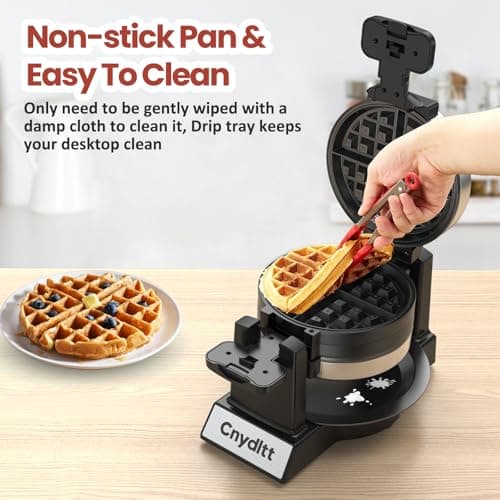 Cnydltt Double Waffle Maker, 1400W Rotating Belgian Waffle Iron with Nonstick Plates, 180° Flip, 8-Slice, Removable Drip Tray, Locking Lid & Cool Touch Handles, Stainless, Black 5