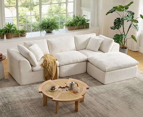 SITJOY L Shape Sectional Sofa, 4 Seat Velvet Sofa with Ottoman, Boneless Cloud Sectional Couch for Living Room, No Need Assembly Modular Sectional Sofa, 110 inch Width, White