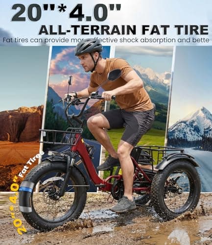 KAKIGO Electric Tricycle for Adults,Peak 1350W Motor Etrike,48V15.6Ah Ebike,20"x4"Fat Tire Aluminum Folding Electric Trike,3-Wheel Electric Bike,20MPH,Front&Rear Basket&Differential 6