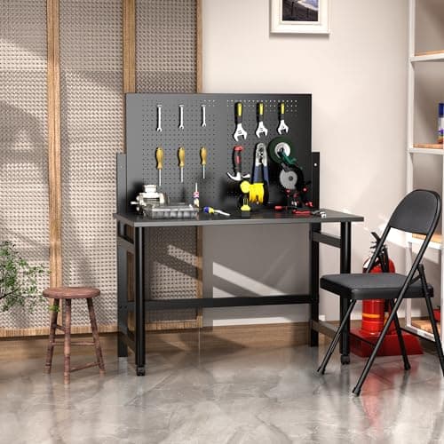 NICOMOW Heavy-Duty Wall-Mounted Workbench,Work Bench Table for Foldable,Suitable for Garage,Utility Room,Warehouse,MDF Material,Black,Including Hooks 6